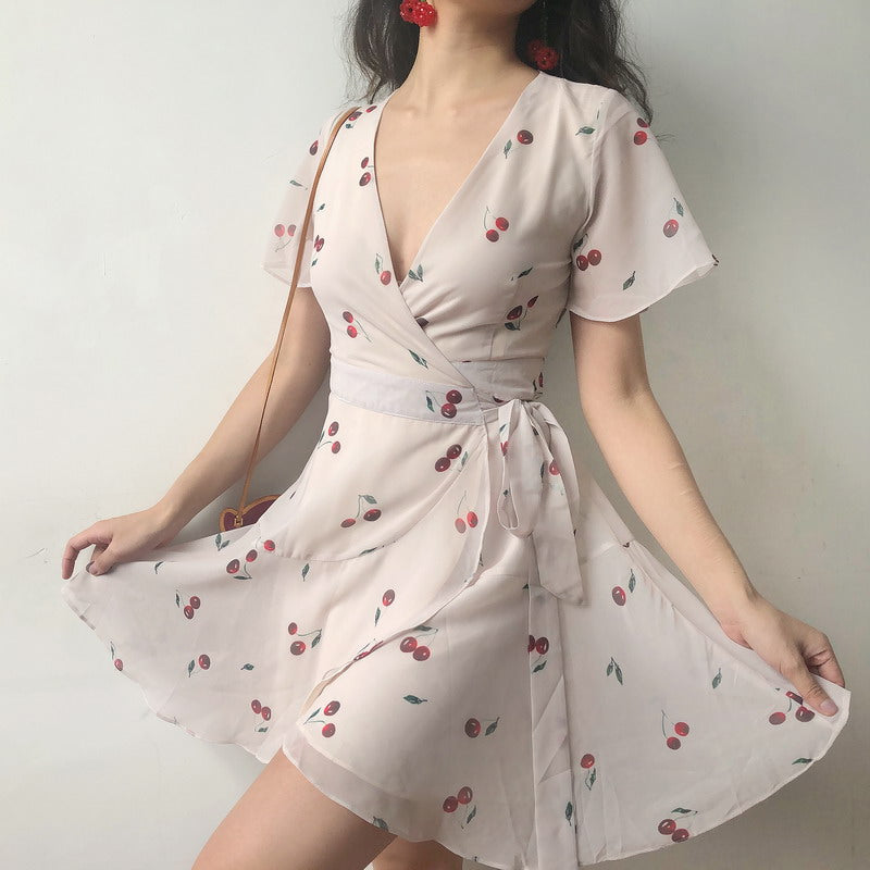 Ifomat 60s Style Cherry Wrap Dress