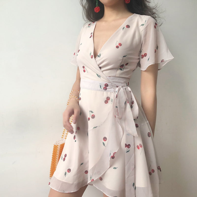 Ifomat 60s Style Cherry Wrap Dress