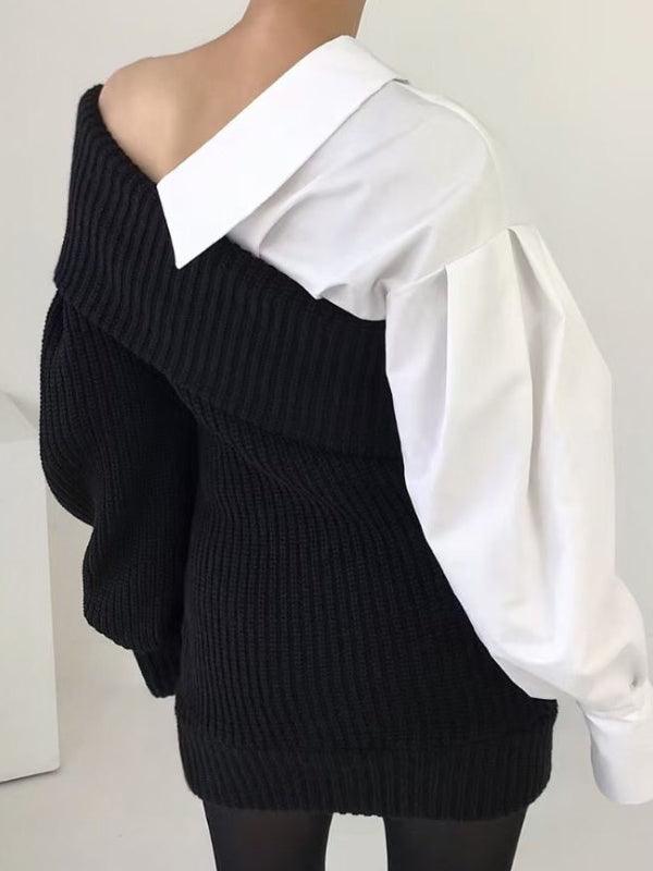 2024 New Fashion Elegant Off-Shoulder Balloon Sleeve Knit Panel Shirt Dress