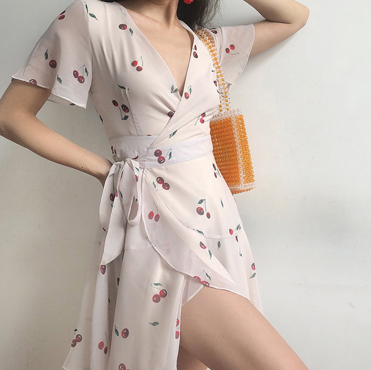 Ifomat 60s Style Cherry Wrap Dress