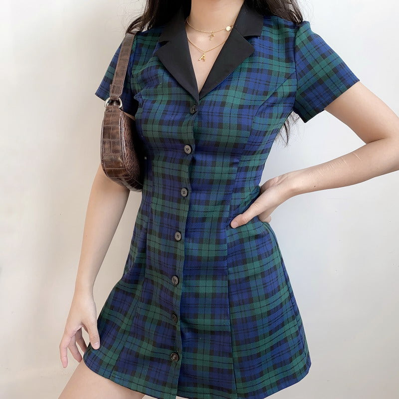 Ifomat Academy Plaid Lapel Dress