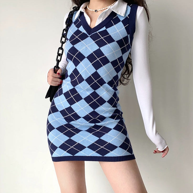 Ifomat College Diamond Vest Knit Dress