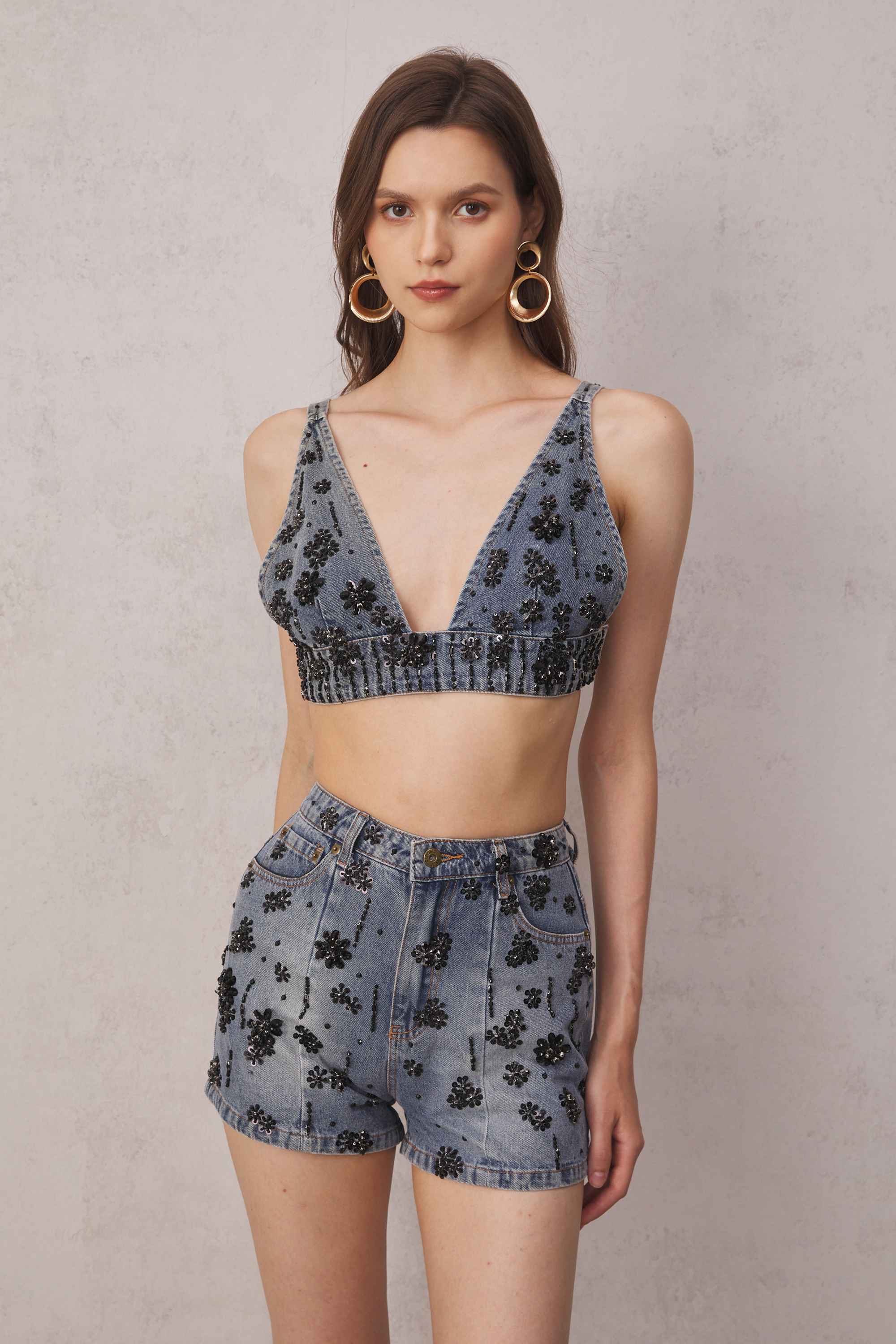 Pablo Rhinestone Backless Denim Top