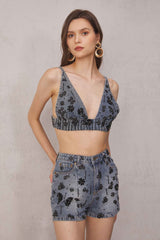 Pablo Rhinestone Backless Denim Top