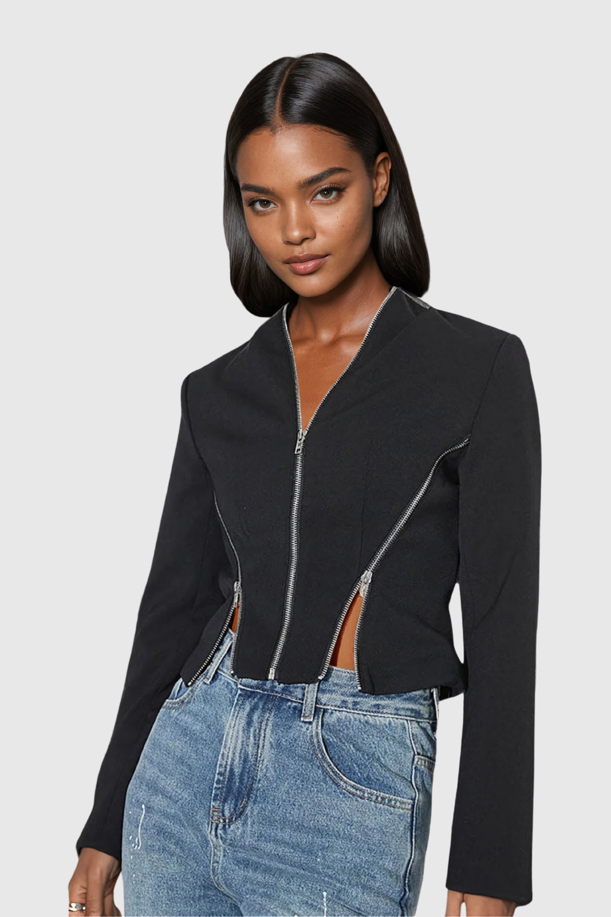 Prisha Zipper V Neck Short Jacket In Black