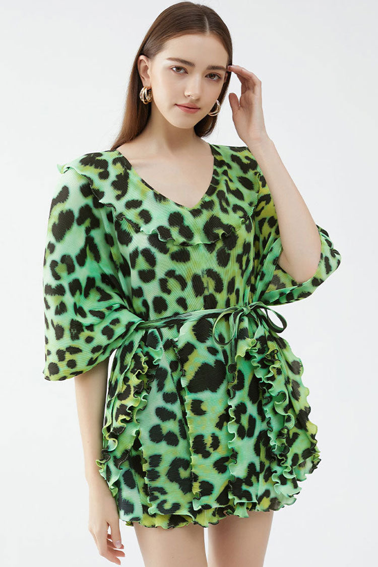 Classy V Neck Half Sleeve Leopard Print Pleated Ruffle Mini Dress - Green