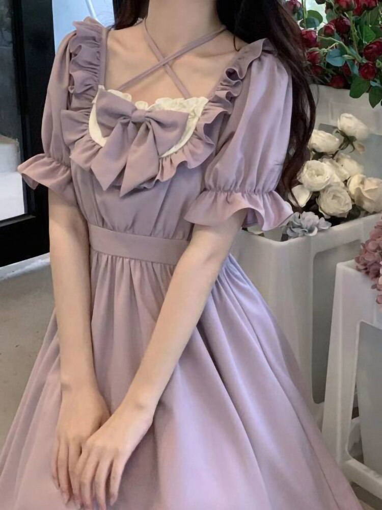 New Summer Elegant Vintage Chic Dress Purple Mini Dress Women Short Sleeve Kawaii Clothing Female Even Party Lolita Dress