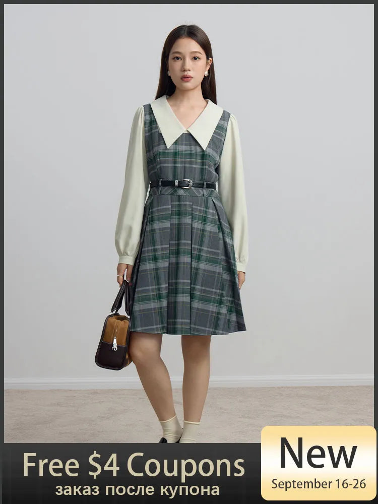 Korean Style Fake Two-piece Dress for Women Lapel Yarn-dyed Plaid Twill Dress Female Winter New