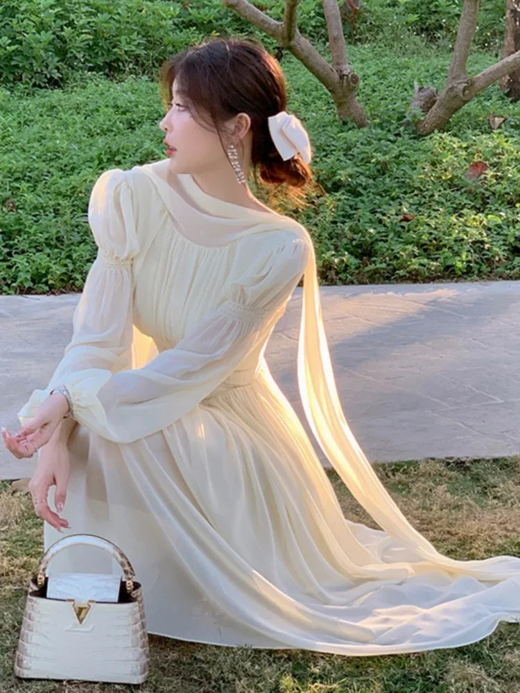 French Elegant Slim Ruffle Dress Summer Women Graduation Evening Party Robe Female Bubble Sleeve Korean Chiffon Vestidos