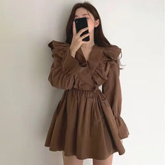 Spring Autumn Sweet Femme Patchwork 2024 Dresses Long Sleeve Korean Fashion Temperament Solid Color O-neck Women's Clothing