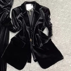 Oversize Lapel Neck Long Sleeve Black Coat Women+ Sexy Slim Fit Ruched Velvet Camisole Dresses Early Autumn New Two Piece Sets