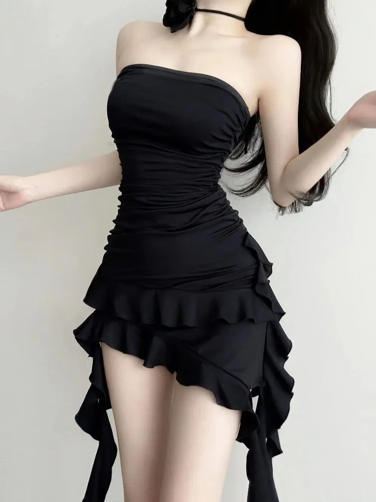 Sexy Backless Black Dress for Women 2024 Summer New Slim Waist Ruffles Dresses Y2k E-Girl Irregular Strapless Vestidos Mujer