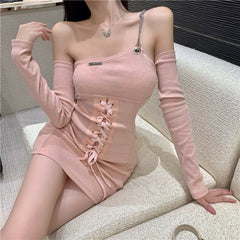 Lace Up Bandage Cross Women Slit Mini Dress One Shoulder Long Sleeve Knitting Bandage Front Sexy Streetwear Party Elegant Club