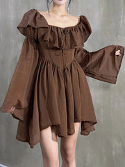 Vintage Brown Dress Women Summer Sexy Slash Neck Off Shoulder Mini Dress Elegant Flare Long Sleeve Backless Short Dresses Ladies