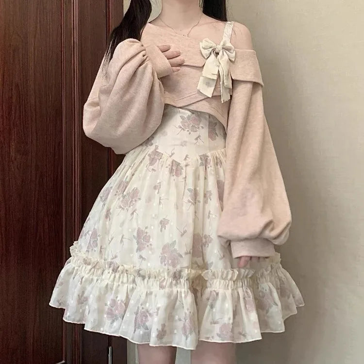 Oversize Harajuku Rose Print Strap Dresses+ Sweet Pink Off Shoulder Bow Long Sleeve Tops Women 2024 Spring New Two Piece Sets