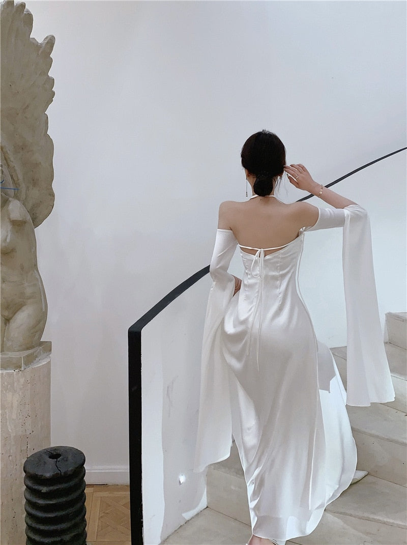 Women Summer Elegant Satin Silky Off Shoulder Slim White Cocktail Dress Lady Party Maxi Dress vestidos de fiesta para bodas