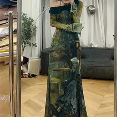 Elegant Vintage Green Print Dresses Y2k Skew Collar Long Sleeve Dress for Women Spring New Slim Fit Bodycon Vestidos Mujer