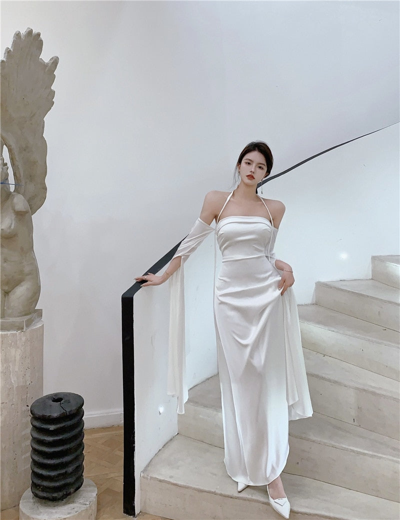 Women Summer Elegant Satin Silky Off Shoulder Slim White Cocktail Dress Lady Party Maxi Dress vestidos de fiesta para bodas