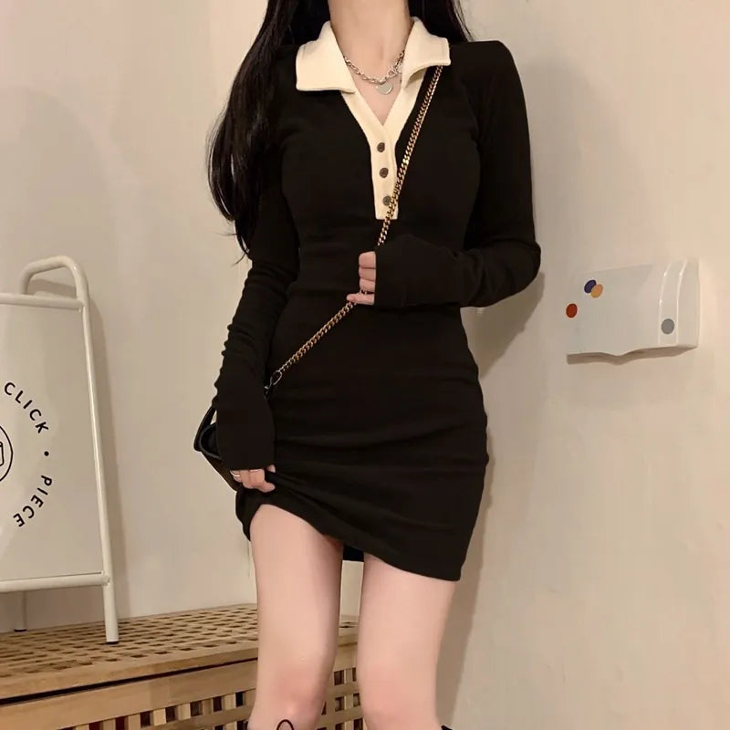 Pure Desire Wind Spice Girl Polo Neck knitted French Brown Dress Female Autumn And Winter New Slim-fit Show Skinny Package Hip