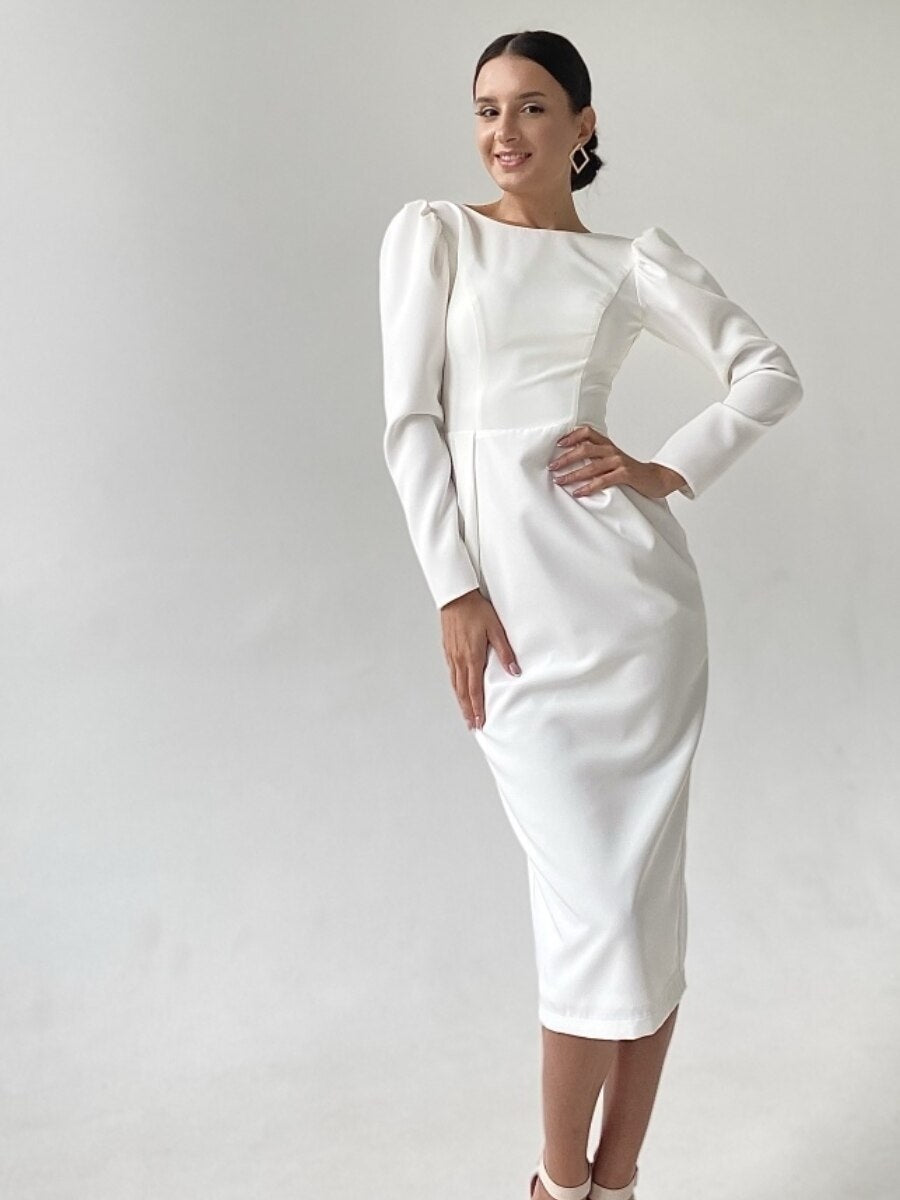 Vintage Backless Split Dress Women Sheath Slim Long Sleeve O Neck Puff Sleeve Elegant Solid Color Summer 2022 Vestidos