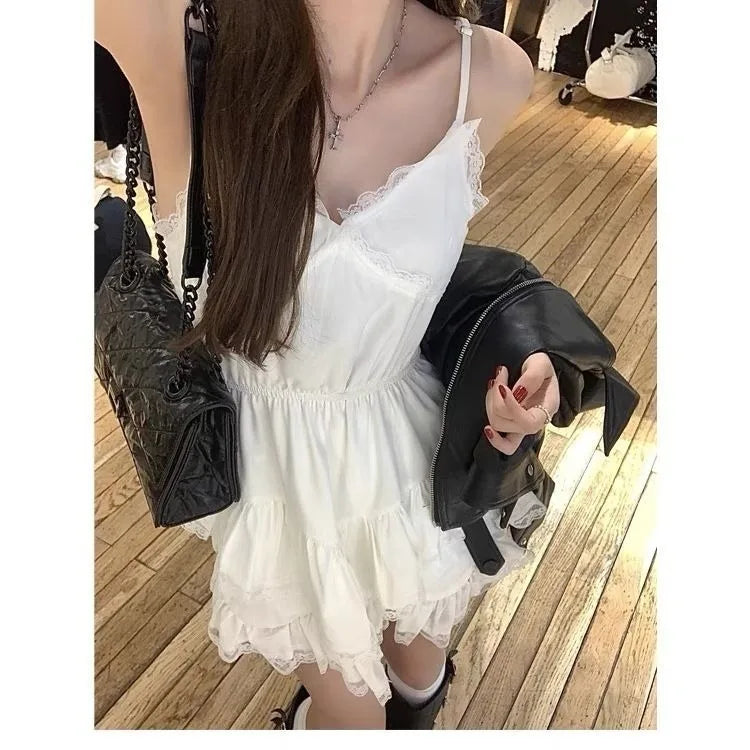 Irregular Lace Patchwork Camisole Dresses 2024 Summer New V-neck Dress for Women Y2k E-Girl Slim Waist Ruched Vestidos Mujer