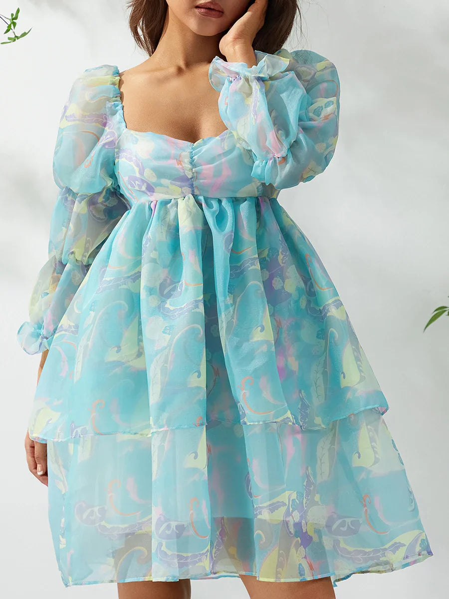 Vintage Summer Women French Princes Mesh with Puff Sleeve Tulle Mesh Ruffle Low Cut Square Neck arty Prom Evening Gowns Dress
