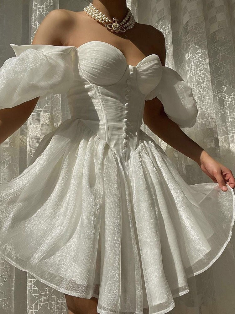 Women's Puff Sleeve Tulle Mini Princess Dress Elegant Chic Party Vintage A-Line Dress Women's Wedding Party Ball Mini Fairy Dres