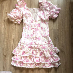 Summer and Autumn Women Short Sleeve Ruffle Pink V-neck Mini Dress