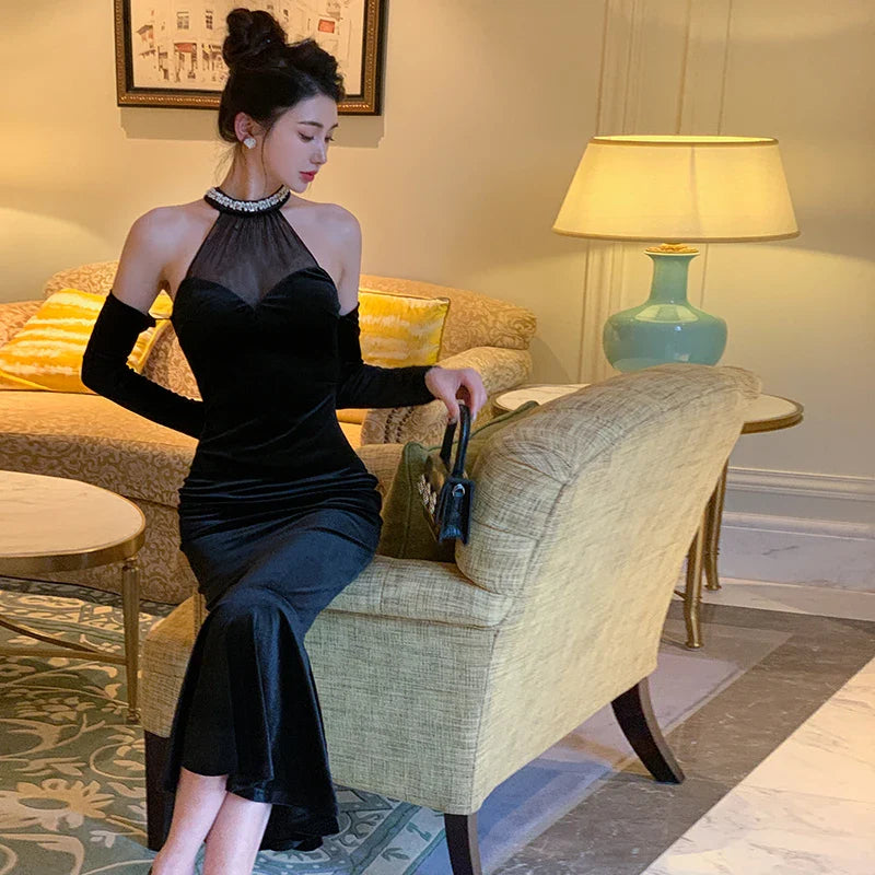 Sexy Bodycon Black Velvet Midi Dresses for Women Spring Autumn Elegant Sleeveless Mermaid Female Clothing Evening Party Robe New