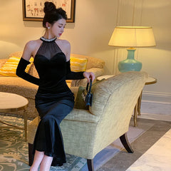 Sexy Bodycon Black Velvet Midi Dresses for Women Spring Autumn Elegant Sleeveless Mermaid Female Clothing Evening Party Robe New