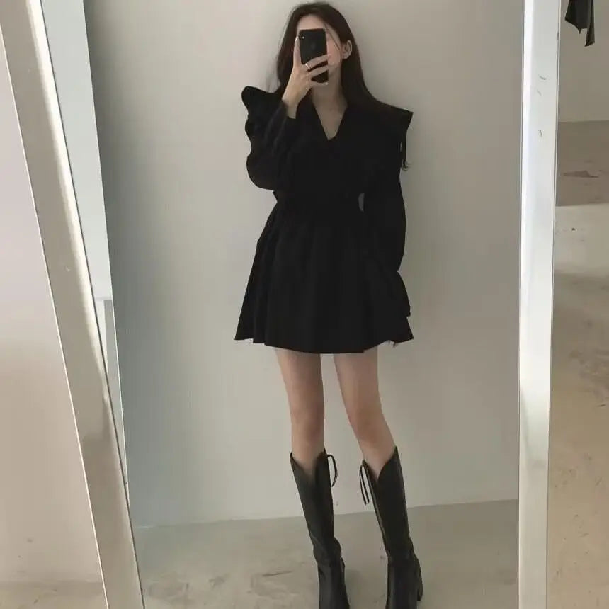 Spring Autumn Sweet Femme Patchwork 2024 Dresses Long Sleeve Korean Fashion Temperament Solid Color O-neck Women's Clothing