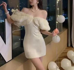 Spring Outfit White Sexy Club Off Shoulder Gown Short Dress Spring Summer Elegant Birthday Evening Party Spliced Velvet Mini Dress 2024 Women