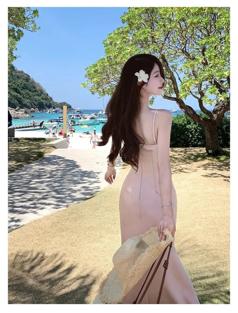 Summer Sexy Backless Satin Straps Midi Dresses for Women 2024 Elegant Party Sleeveless Female Clothing Beach Holiday Pink New