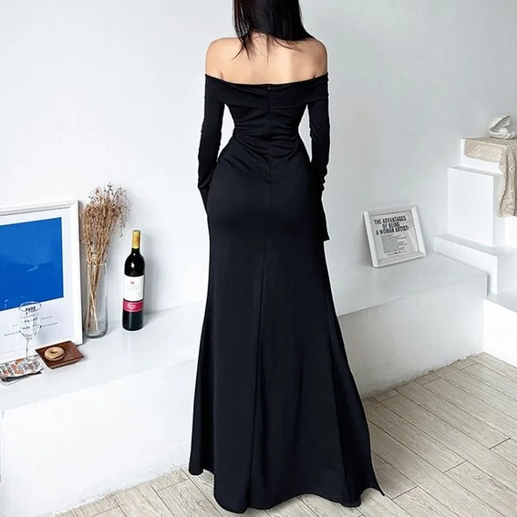 Sexy Ruched Slash Neck Vestidos Mujer Y2k E-Girl Long Sleeve Black Dress for Women Mid-length Bodycon Split Knitted Dresses