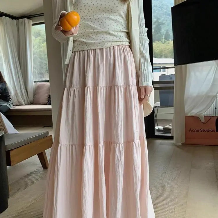 Sweet Gentle Pink Ruched Skirt for Women 2024 Summer New Slim Waist A-line Dresses Y2k E-Girl Mid-length Loose Faldas Mujer