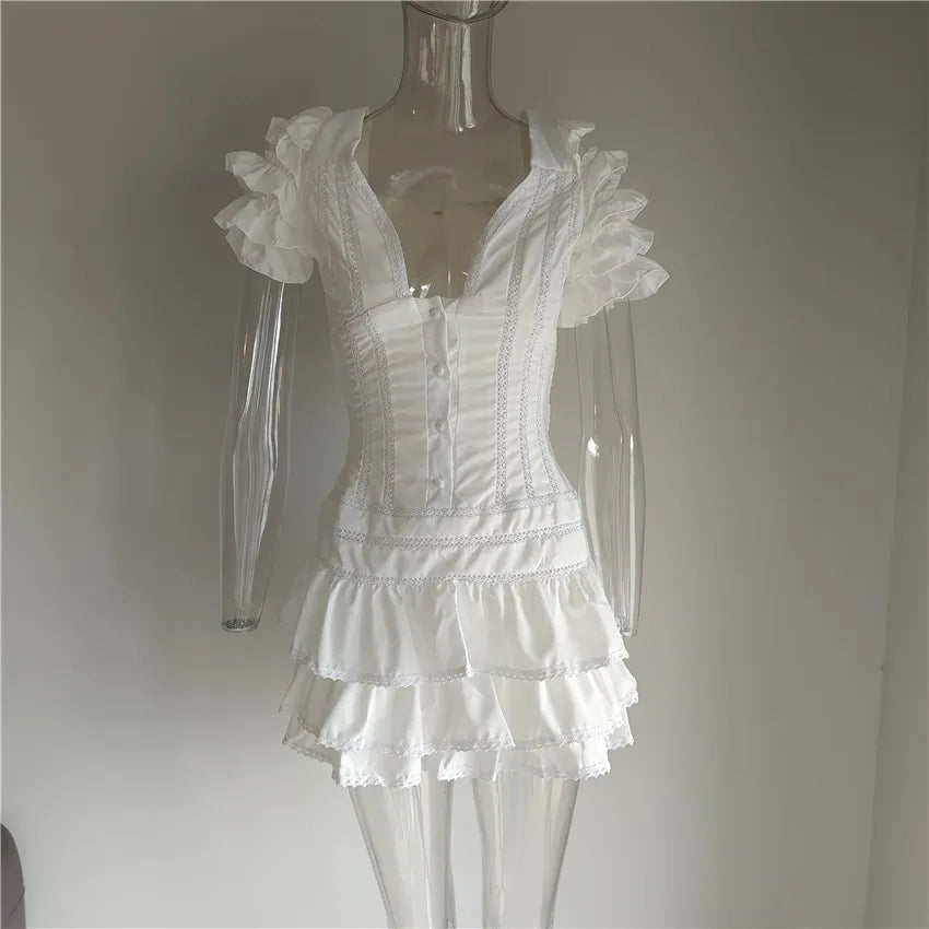 Summer and Autumn Women Short Sleeve Ruffle Pink V-neck Mini Dress