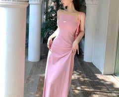Spring Outfit Sleeveless Dress Women Pink Halter Sundress Girl Sweet Sexy Retro Streetwear Harajuku Long Dresses