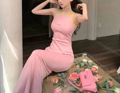 Spring Outfit Sleeveless Dress Women Pink Halter Sundress Girl Sweet Sexy Retro Streetwear Harajuku Long Dresses
