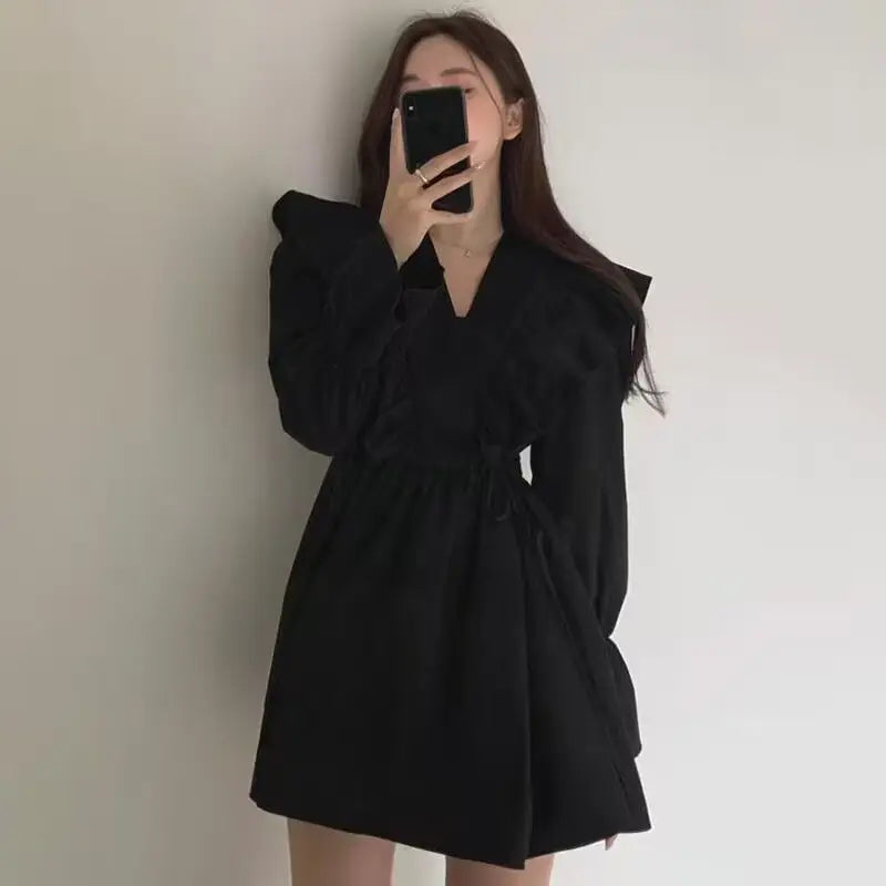 Spring Autumn Sweet Femme Patchwork 2024 Dresses Long Sleeve Korean Fashion Temperament Solid Color O-neck Women's Clothing