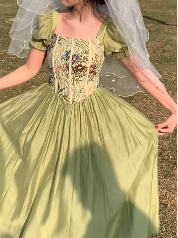 Vintage Fairy Dress Woman 2022 Summer Short Sleeve Midi Dress Casual One Piece Elegant Dress Korean Evening Fashion