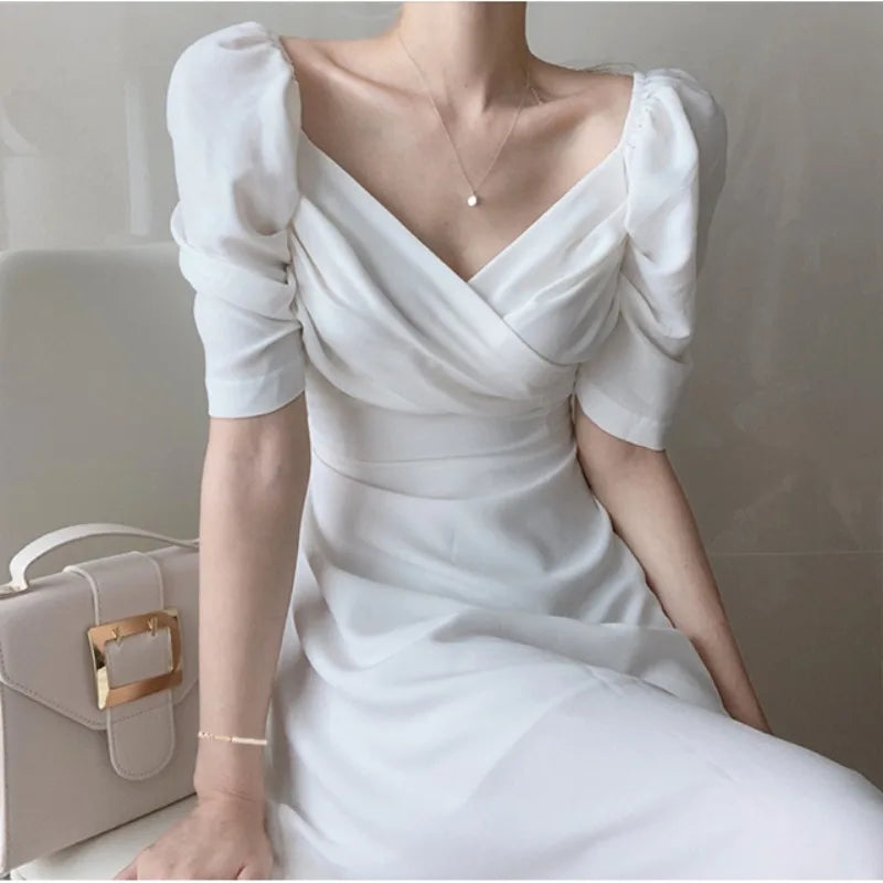 Vintage V-neck Slim Chiffon Women Dress Elegant Puff- Sleeve White Ladies Dresses 2024 Summer Party Pink Midi Dresses Vestidos