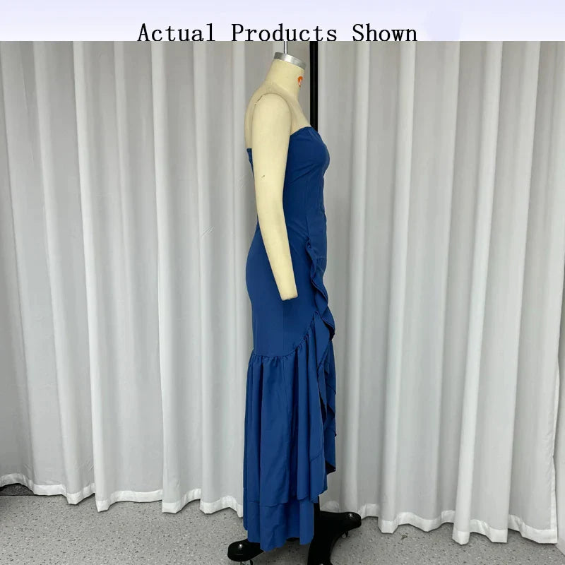 Party Long Dress Elegant Solid Strapless Sleeveless Backless Pleated Ruffled Irregular Nipped Waist Slim Evening Skirts