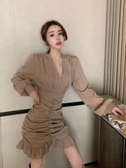 Elegant Women Mini Dress Vintage Tunic Irregular Long Sleeve Korean Office Ladies Ruffles Dress Sexy V Neck Party Vestidos