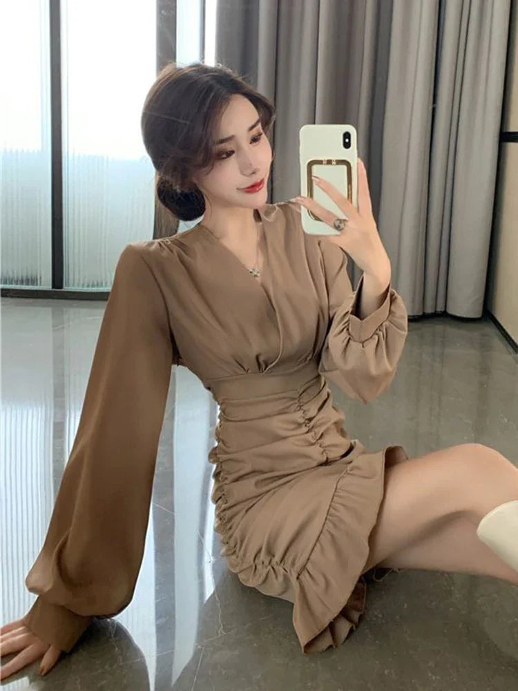 Elegant Women Mini Dress Vintage Tunic Irregular Long Sleeve Korean Office Ladies Ruffles Dress Sexy V Neck Party Vestidos