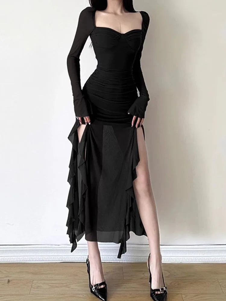 Fashion Sexy Mesh Long Sleeved Dress for Women Y2k Grunge Slim Fit Split Dresses 2024 Summer New Mid-length Vestidos Mujer