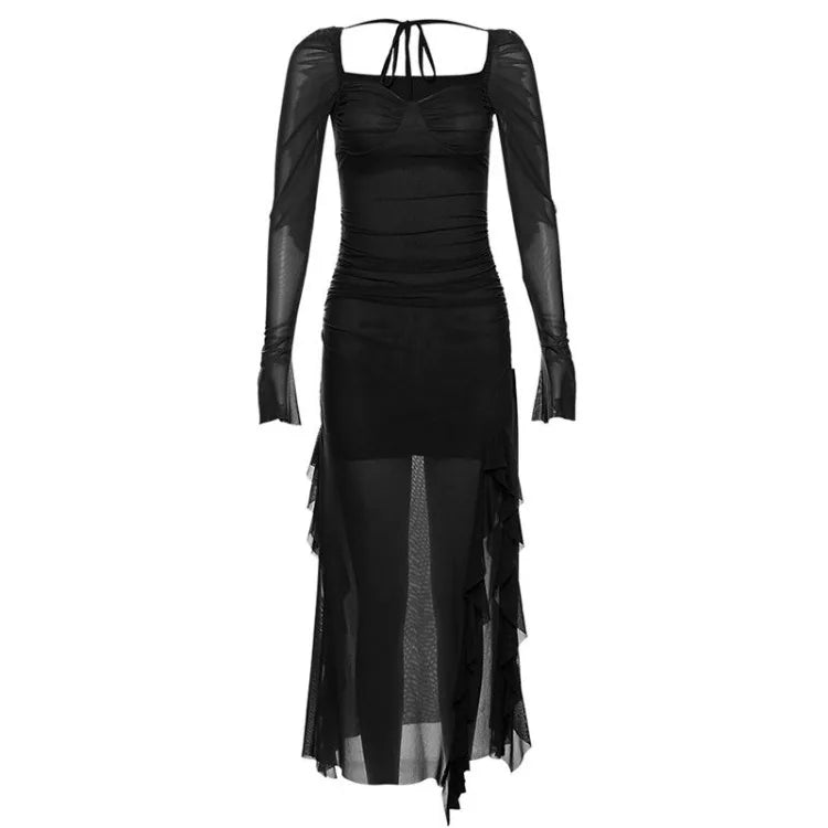 Fashion Sexy Mesh Long Sleeved Dress for Women Y2k Grunge Slim Fit Split Dresses 2024 Summer New Mid-length Vestidos Mujer