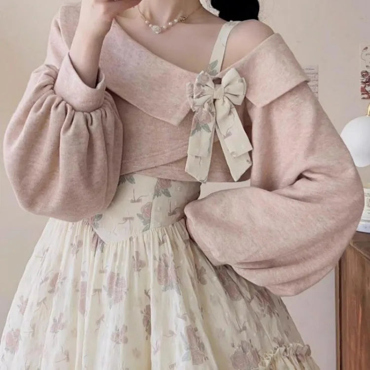 Oversize Harajuku Rose Print Strap Dresses+ Sweet Pink Off Shoulder Bow Long Sleeve Tops Women 2024 Spring New Two Piece Sets