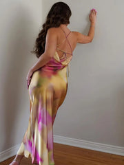 Sexy Open Back Tie Elegant Party Dress Summer Slip Dress For Women 2024 Cowl Neck Spaghetti Strap Tie Dye Print Midi Dress