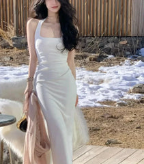 Elegant Chic White Pleated Sleeveless Midi Dresses for Women 2024 Vintage Evening Party Casual Bodycon Robe Female Clothing New