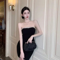 Off Shoulder Diamond Strapless Dress for Women Sexy Slim Waist Black Bodycon Dresses 2024 Summer New Vestidos De Mujer